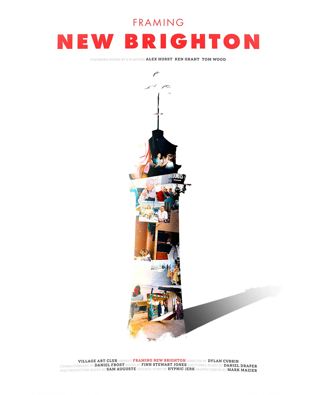 Framing New Brighton portrait poster: a lighthouse shape filled with colour photographs of New Brighton people, with seagulls above