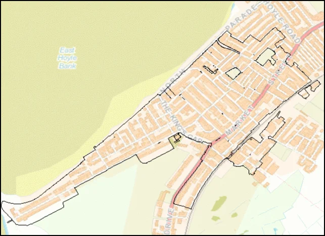 United Utilities map of the Hoylake rainwater planter scheme area, a boundary running along North Parade and The Kings Gap by the shore, across Market Street and up towards Hoyle Road