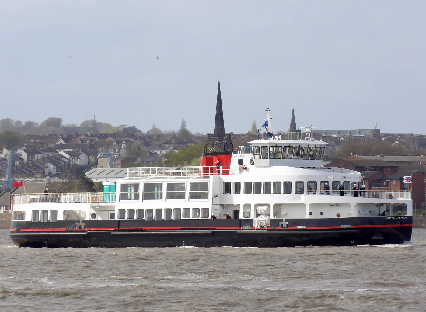 The Royal Daffodil on the Mersey during sea trials in April 2026, with the Wirral shoreline behind her