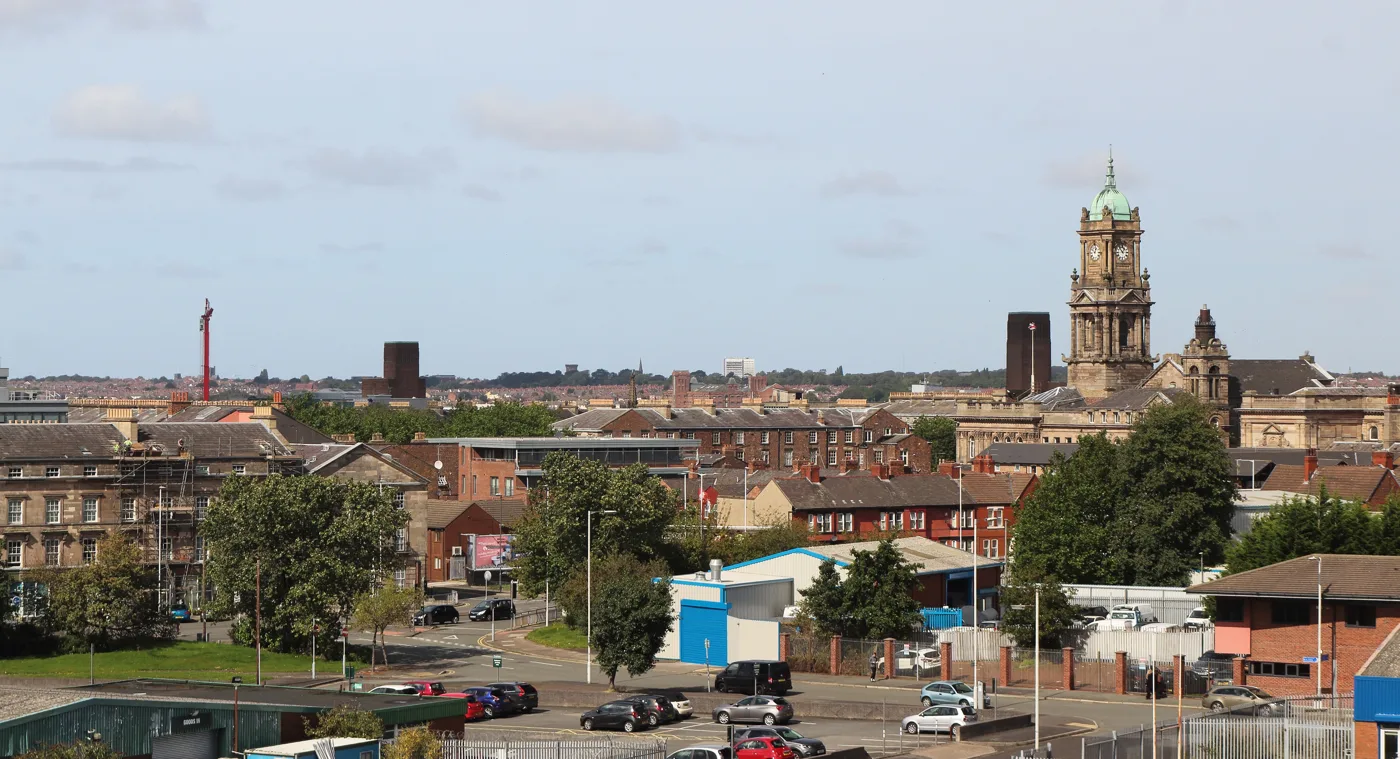 Birkenhead seen from St Mary's Tower, with the town hall clock to the right. Birkenhead and Tranmere ward has Wirral's highest claimant rate