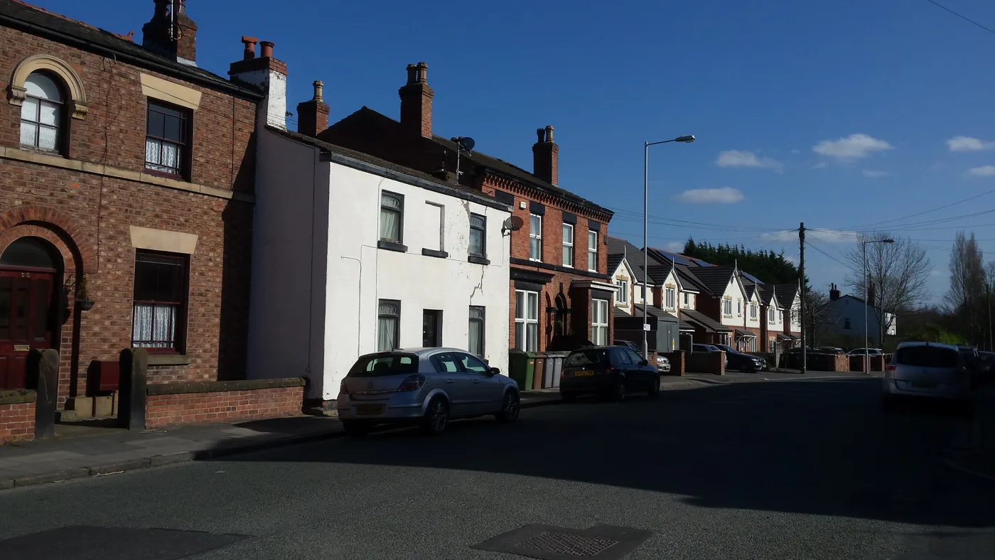 Terraced and semi-detached houses in Bebington, photographed in 2017. Both types reached their highest ever Wirral average in July 2026