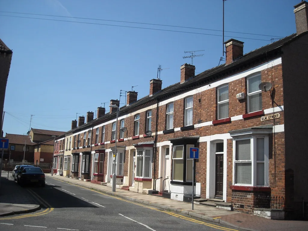 Terraced houses on Elm Street, Birkenhead. Terraced homes were the fastest rising property type in Wirral over the year to June 2026, up 9.1%